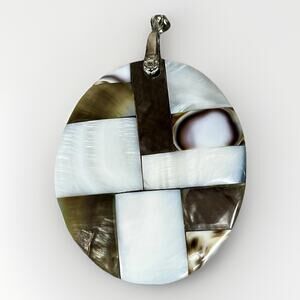 18K White Gold Plated Mother of Pearl Mosaic Pendant Handcrafted Healing- 30.2g